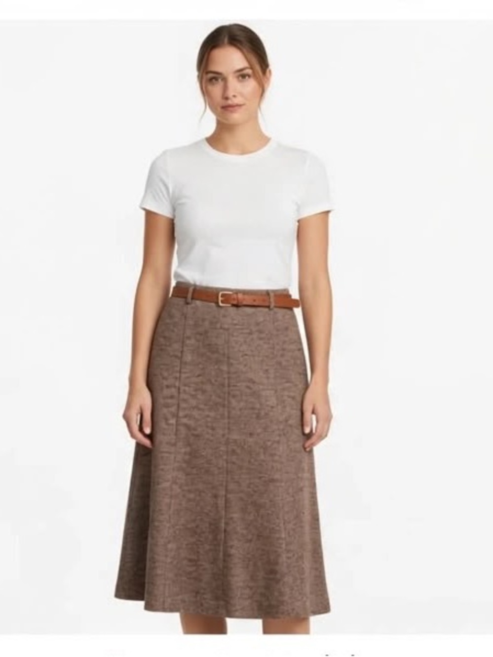 New York & Company Brown Herringbone A-Line Midi Skirt with Tan Belt